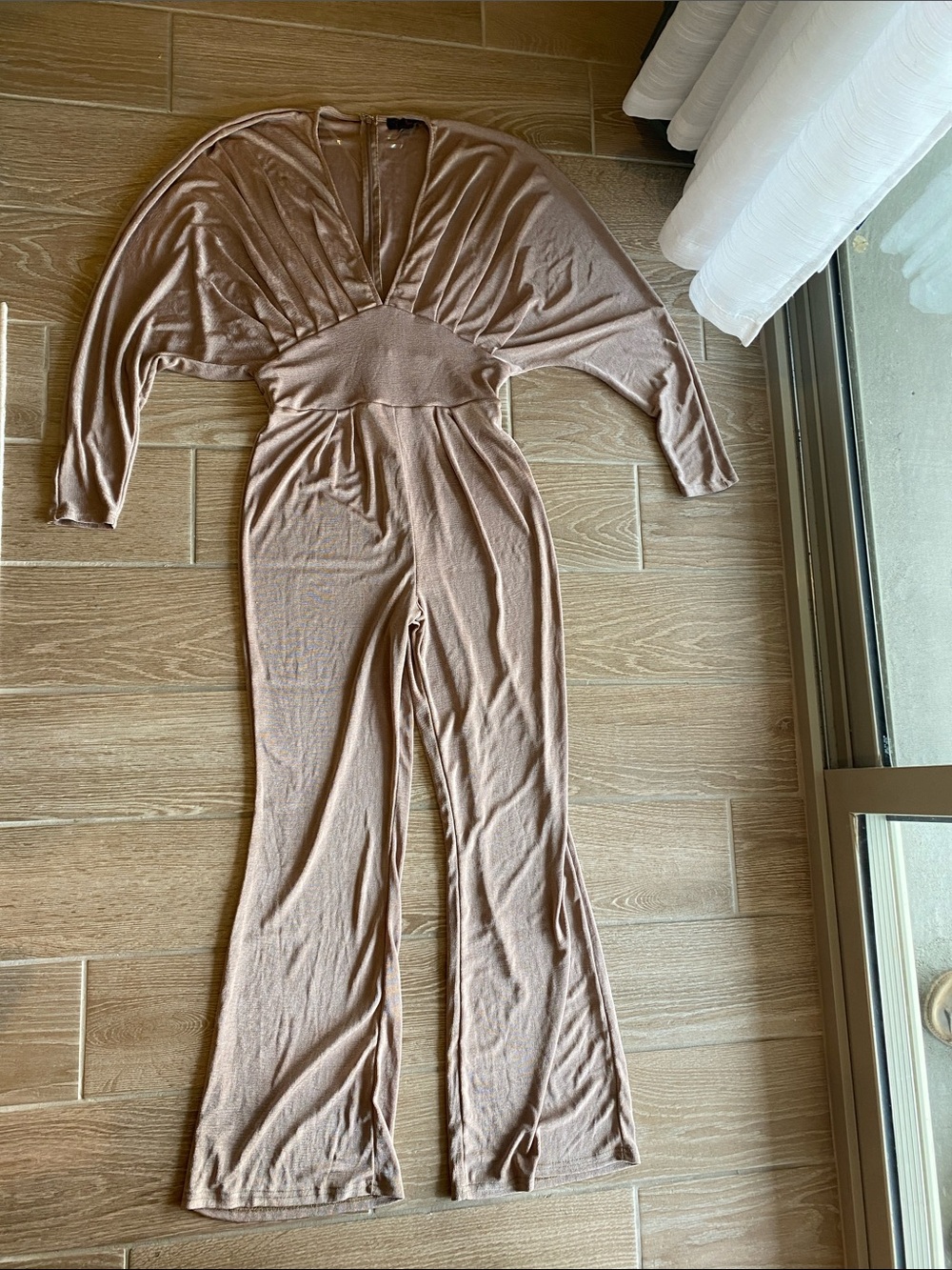 Soft Taupe V-Neck Long-Sleeve Wide-Leg Jumpsuit